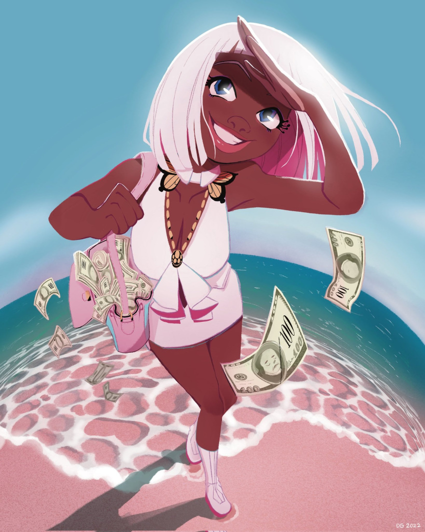 2022 bag banknote bare_arms beach blue_eyes blue_sky blunt_bangs breasts cleavage collarbone colored_inner_hair commentary dark-skinned_female dark_skin day deanne_go dollar_bill dorothy_(great_pretender) english_commentary female fisheye full_body great_pretender grin handbag highres initial light-skinned_palms medium_hair money multicolored_hair ocean outdoors pink_hair sand shore skirt sky smile solo two-tone_hair very_dark_skin water white_hair white_skirt