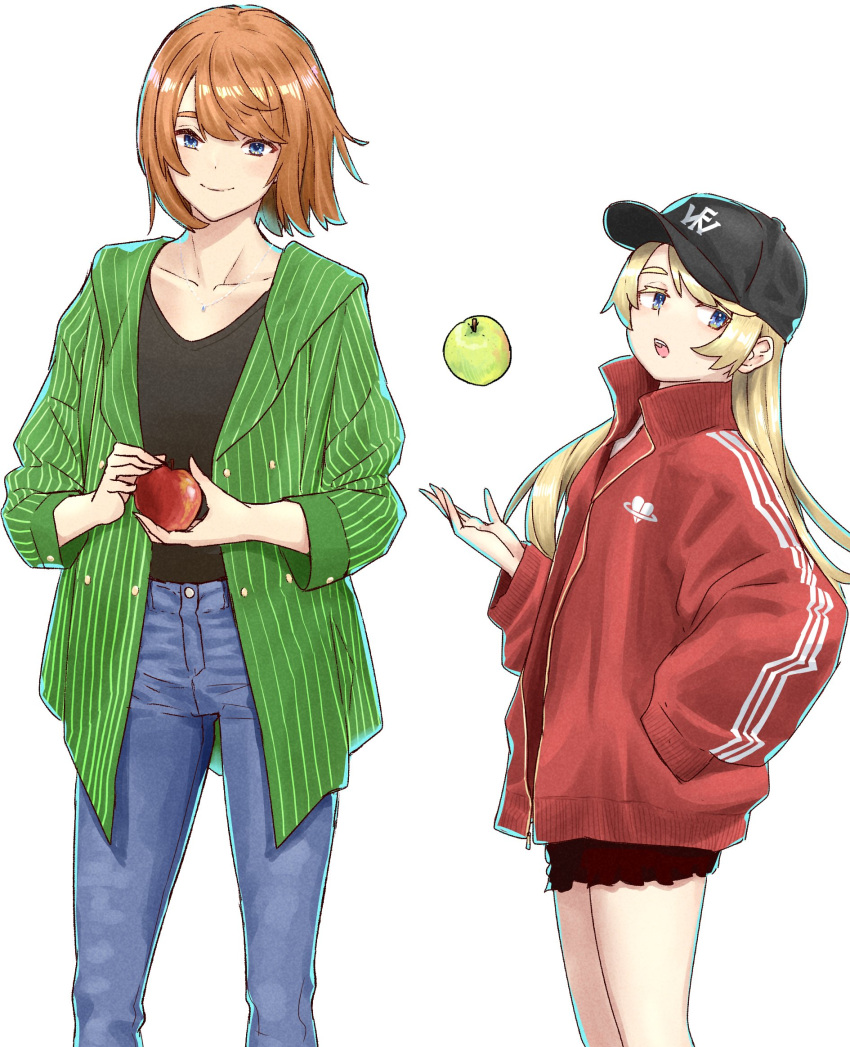 2girls apple baseball_cap black_headwear black_shirt blonde_hair blue_eyes blue_pants brown_hair brown_skirt closed_mouth collarbone cowboy_shot denim flying_witch food fruit green_apple green_jacket hand_in_pocket hat highres holding holding_food holding_fruit inukai_(flying_witch) ishizuka_chihiro jacket jewelry long_hair looking_at_viewer medium_hair multiple_girls necklace official_art open_mouth pants red_apple red_jacket shiina_anzu_(flying_witch) shirt simple_background skirt smile white_background