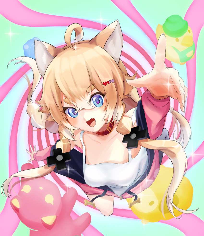 absurdres animal_ears belt_collar blonde_hair blue_eyes breasts collar dog_ears dog_girl female hair_ornament heart heart_hair_ornament highres idol_corp illustsaboko jacket large_breasts looking_at_viewer medium_hair multicolored_hair oerba_yun_fang open_mouth pink_jacket pochi_wanmaru pochi_wanmaru_(pochi_1.0) red_collar shirt short_eyebrows skin_fang streaked_hair twintails virtual_youtuber white_hair white_shirt