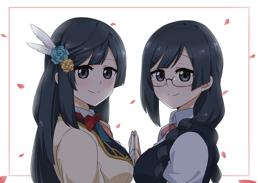 2girls afterschool_school_idol_(love_live!) birthday black_hair border braid breast_press breasts commentary dual_persona falling_petals feather_hair_ornament feathers flower glasses gloves grey_eyes hair_flower hair_ornament long_hair looking_at_viewer love_live! love_live!_nijigasaki_high_school_idol_club medium_breasts multiple_girls nakagawa_nana nijigasaki_school_uniform one_side_up petals pink_border school_uniform symmetrical_docking twin_braids van_springfield white_background white_gloves yuki_setsuna_(love_live!)