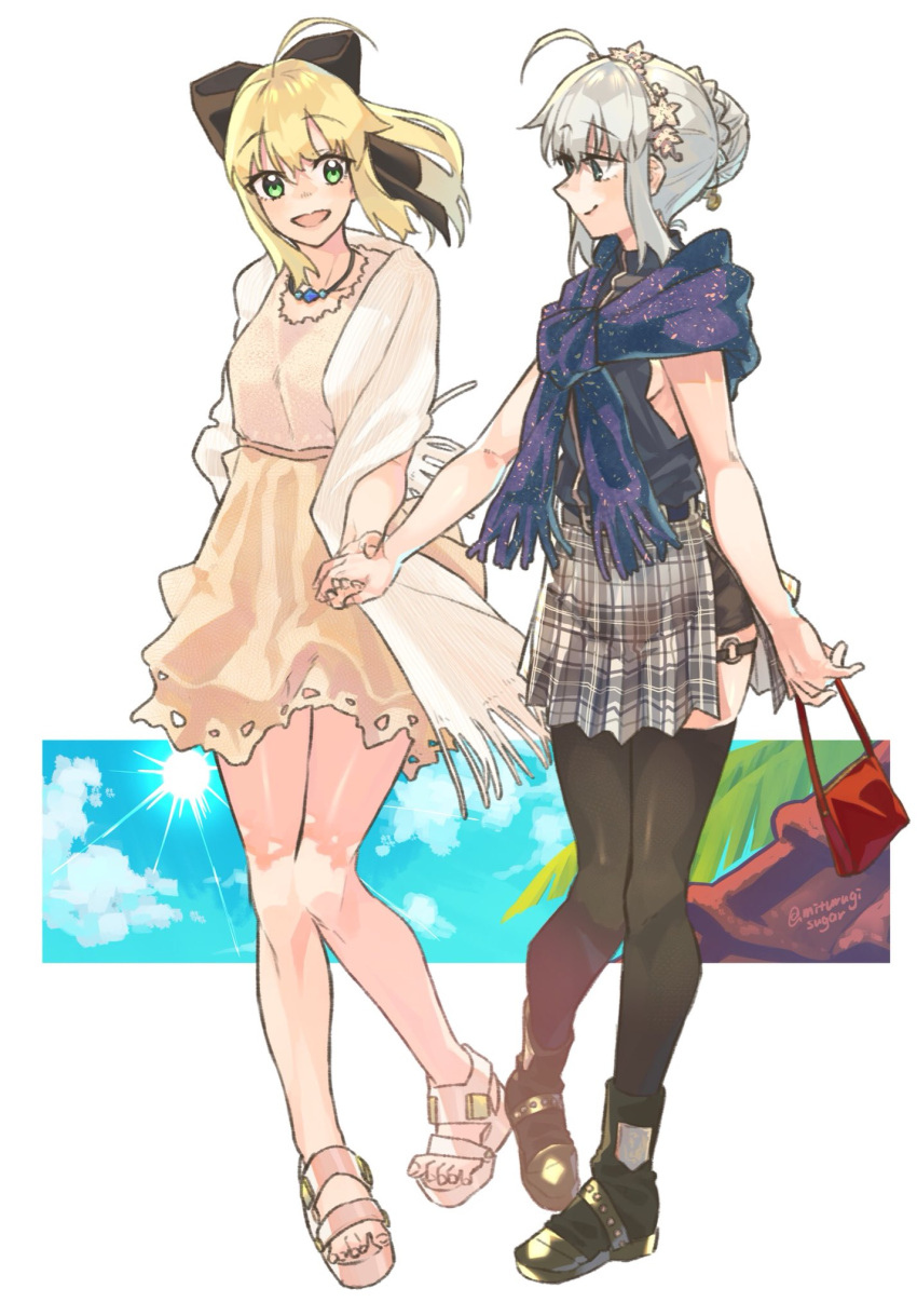 2girls ahoge aqua_eyes artoria_pendragon_(fate) black_shirt black_shorts black_thighhighs blonde_hair blue_scarf boots bow braid breasts closed_mouth fate/grand_order fate_(series) flower french_braid full_body gray_(fate) green_eyes grey_hair grey_skirt hair_bun hair_flower hair_ornament hairbow highres holding_hands jewelry long_hair looking_at_another lord_el-melloi_ii_case_files medium_breasts mitsurugi_sugar multiple_girls necklace open_mouth ponytail saber_lily sandals scarf shirt shorts shorts_under_skirt sidelocks single_hair_bun skirt sleeveless sleeveless_shirt smile thighhighs yellow_skirt