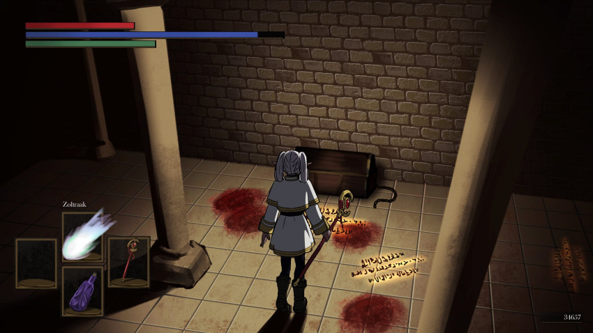 black_pants blood blood_on_ground blood_splatter boots capelet commentary crossover dark_souls_(series) elf english_commentary female frieren gameplay_mechanics grey_hair health_bar highres holding holding_staff indoors long_hair long_sleeves message_(from_software) mimic_(dark_souls) pants pantyhose pillar pointy_ears reze_(rewindze) sousou_no_frieren staff standing stone_wall treasure_chest twintails wall white_capelet