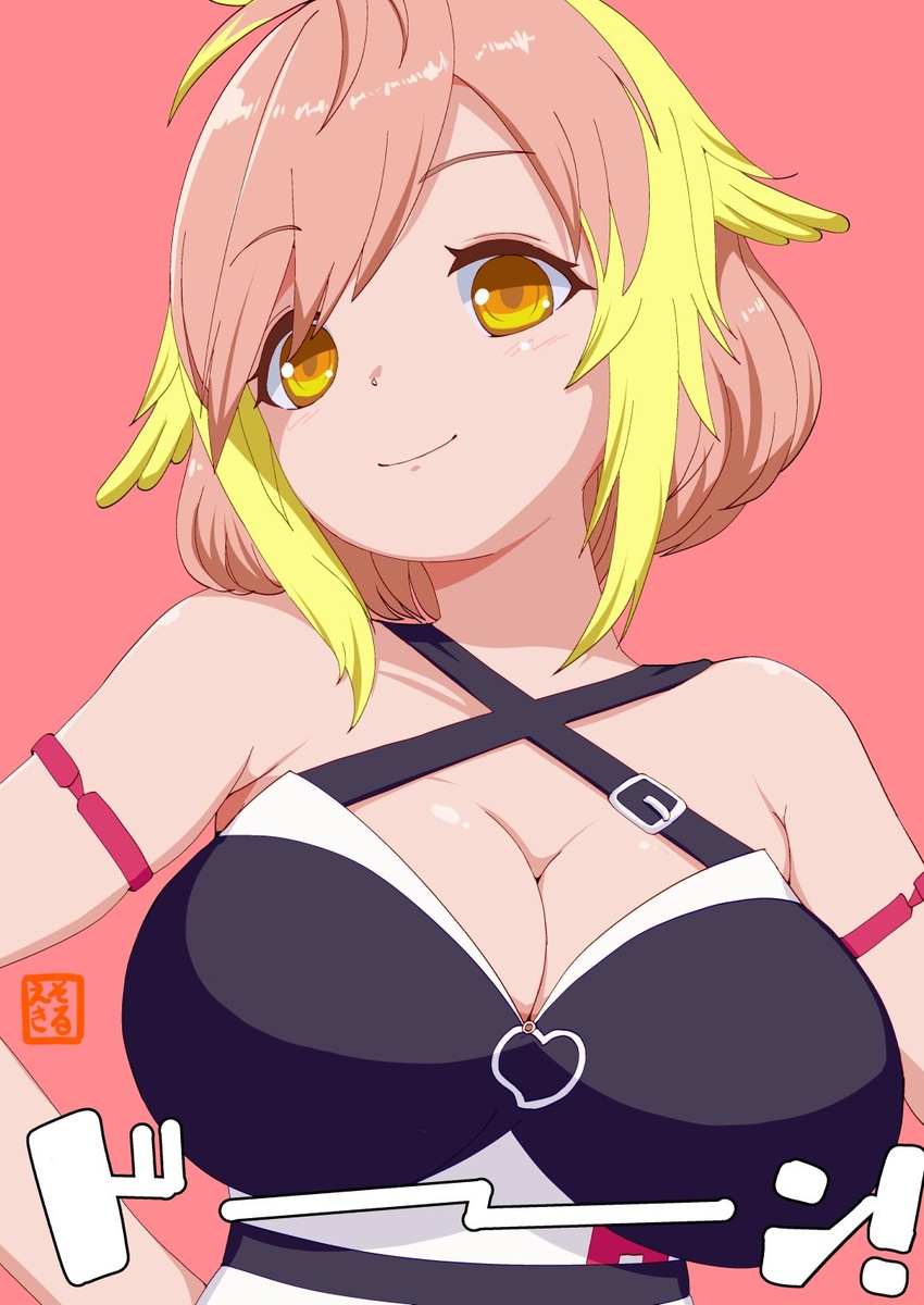 blonde_hair blush breasts cleavage closed_mouth commentary_request criss-cross_halter female halterneck highres hira_hikari kokoro_sorueki large_breasts looking_at_viewer medium_bangs nanashi_inc. pink_background pink_hair seal_impression short_hair sidelocks simple_background smile solo swept_bangs upper_body virtual_youtuber yellow_eyes