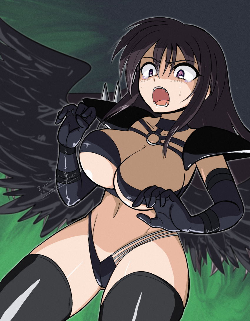 absurdres angel angel_wings armor belt bikini black_armor black_belt black_bikini black_choker black_gloves black_hair black_thighhighs black_wings breasts choker cleavage commentary_request dated elbow_gloves fallen_angel feathered_wings female gloves hair_between_eyes high_school_dxd highres kouma_bonmaid large_breasts long_hair looking_to_the_side open_mouth pink_eyes raynare revealing_clothes shoulder_armor solo swimsuit thighhighs thighs wings