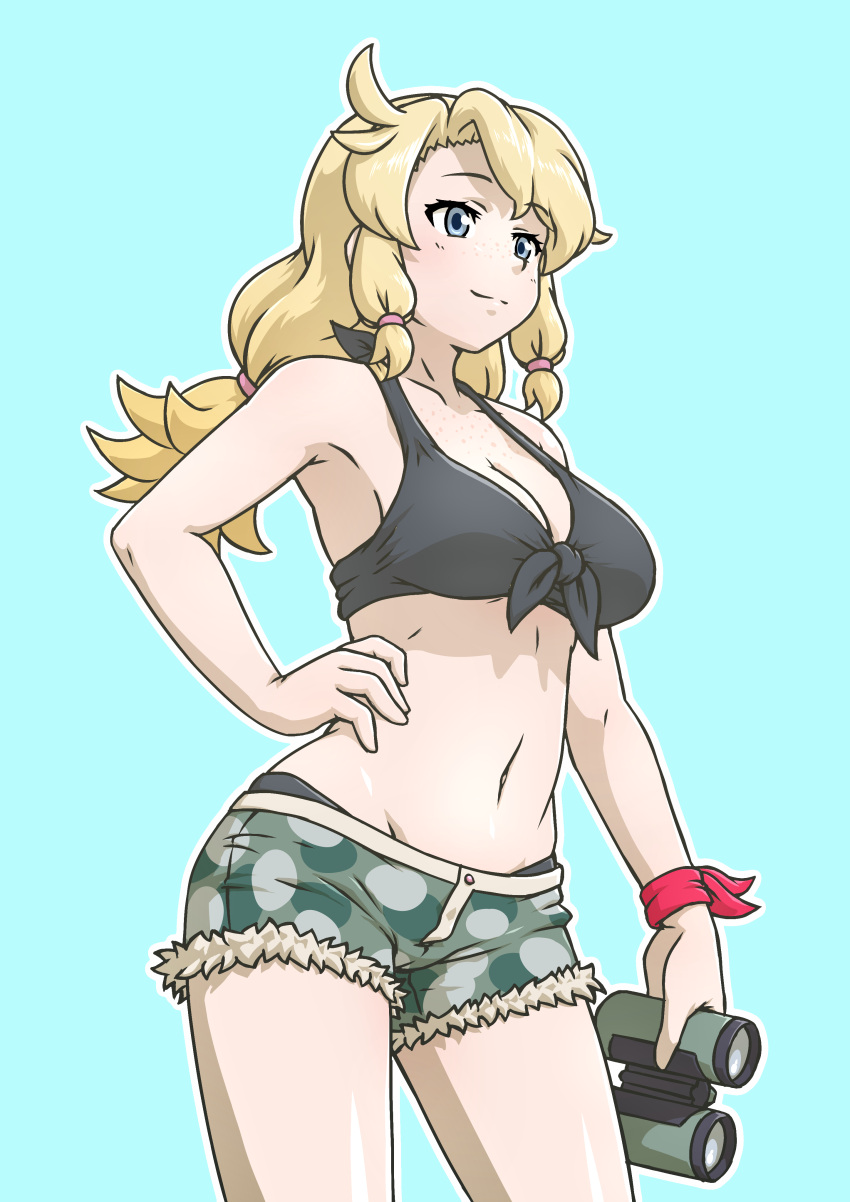 absurdres acesrulez bikini bikini_under_clothes binoculars black_bikini blonde_hair blue_eyes breasts calenda_(kemono_friends) camouflage camouflage_shorts female front-tie_bikini_top front-tie_top highres holding holding_binoculars kemono_friends kemono_friends_3 large_breasts long_hair midriff navel short_shorts shorts smile solo swimsuit twintails