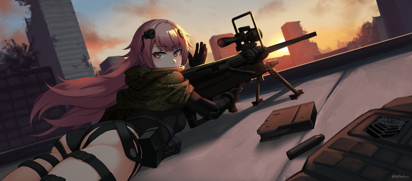 absurdres anti-materiel_rifle ass black_gloves black_leotard buckle building camouflage commentary_request commission covered_mouth english_commentary female floating_hair girls'_frontline gloves gun hand_up highres holding holding_gun holding_weapon hood hood_down leotard long_hair long_sleeves looking_at_viewer looking_back name_connection ndtwofives ntw-20 ntw-20_(girls'_frontline) ntw-20_(mod3)_(girls'_frontline) object_namesake on_roof outdoors pink_hair red_eyes rifle rooftop ruins scope shell_casing short_sleeves skyscraper snap-fit_buckle sniper_rifle solo sunset thigh_strap very_long_hair weapon