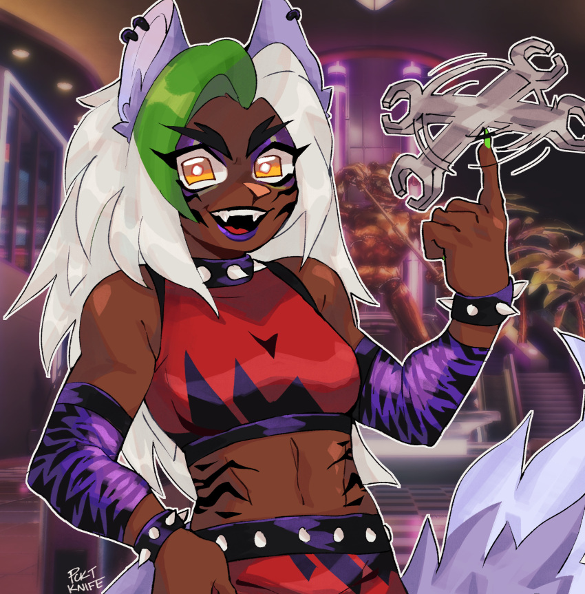 abs animal_ear_piercing animal_ears arm_warmers balancing_on_finger bracelet breasts commentary crop_top dark-skinned_female dark_skin earrings english_commentary eyeshadow fangs female five_nights_at_freddy's five_nights_at_freddy's:_security_breach fox_ears fox_girl fox_tail green_hair highres holding holding_wrench humanization jewelry makeup medium_breasts mismatched_eyebrows multicolored_hair open_mouth pcktknife purple_eyeshadow roxanne_wolf_(fnaf) signature smile solo spiked_bracelet spikes streaked_hair tail thick_eyebrows tiger_stripes two-tone_hair upper_body very_dark_skin white_hair wrench yellow_eyes