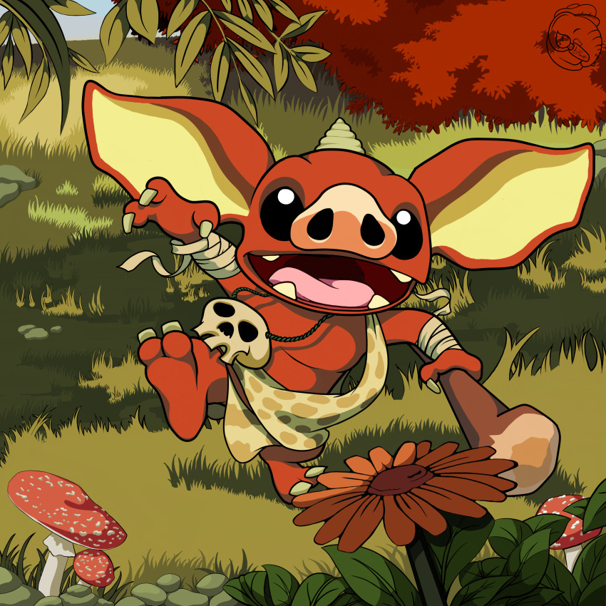 1:1 2_toes 3_fingers absurd_res anthro bandage bandaged_arm barefoot biped black_sclera blin_(tloz) bokoblin bottomwear clothing club_(weapon) cute_fangs daww feet fingers flower fly_agaric fungus grass hi_res horn huge_ears jennybunte jewelry leaf loincloth looking_up male melee_weapon mushroom nails nintendo open_mouth open_smile pebble pendant pig_nose plant pupils red_body red_shrub red_skin shrub skull_accessory sky smile solo the_legend_of_zelda toenails toes toony watermark weapon white_pupils yellow_inner_ear