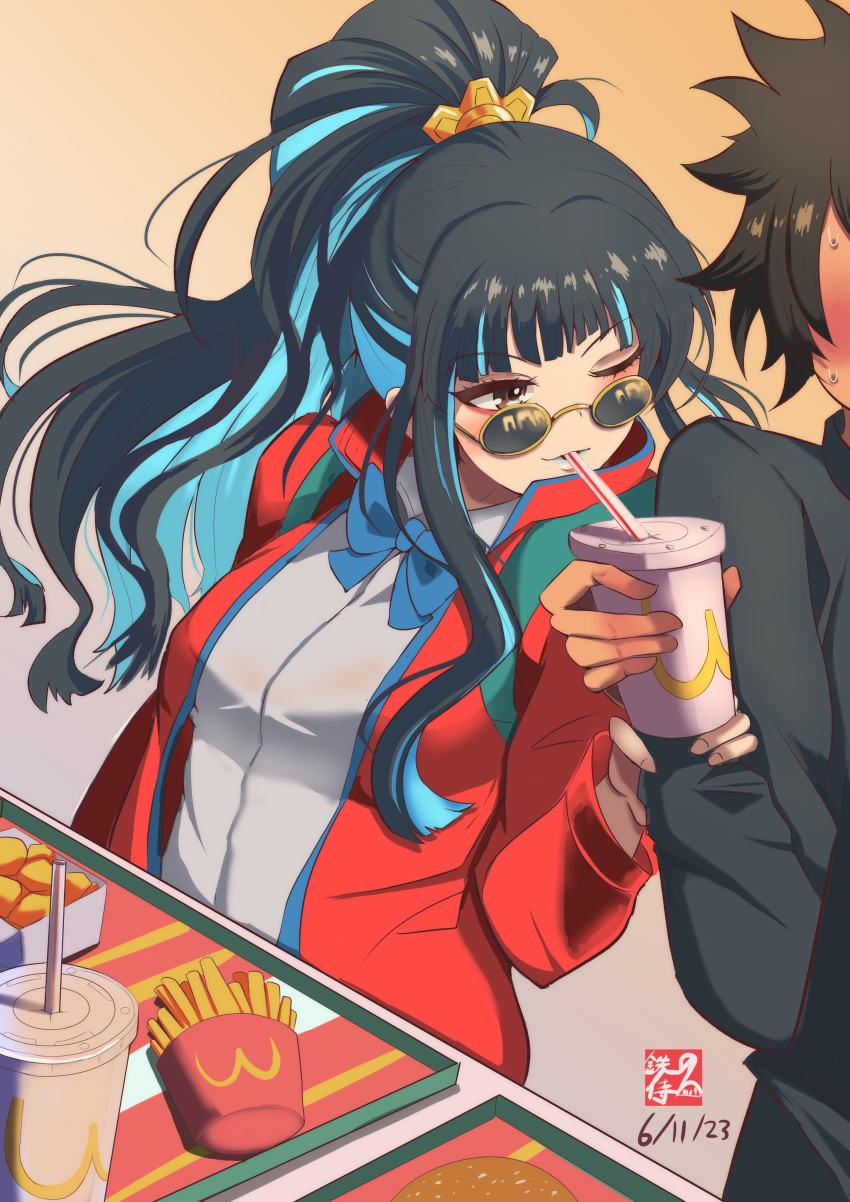 1boy absurdres black_hair black_jacket blue_hair bow bowtie boyfriend_(yoru_mac) breasts chicken_nuggets colored_inner_hair cosplay cup disposable_cup drinking_straw fast_food fate/grand_order fate_(series) female food french_fries girlfriend_(yoru_mac) girlfriend_(yoru_mac)_(cosplay) grey_eyes high_ponytail highres jacket light_blue_hair long_hair long_sleeves looking_over_eyewear mcdonald's medium_breasts multicolored_hair one_eye_closed red_jacket shirt short_hair sidelocks smile sunglasses tenochtitlan_(fate) tetsu_no_samurai tinted_eyewear tray variant_set wcdonald's white_shirt yoru_mac