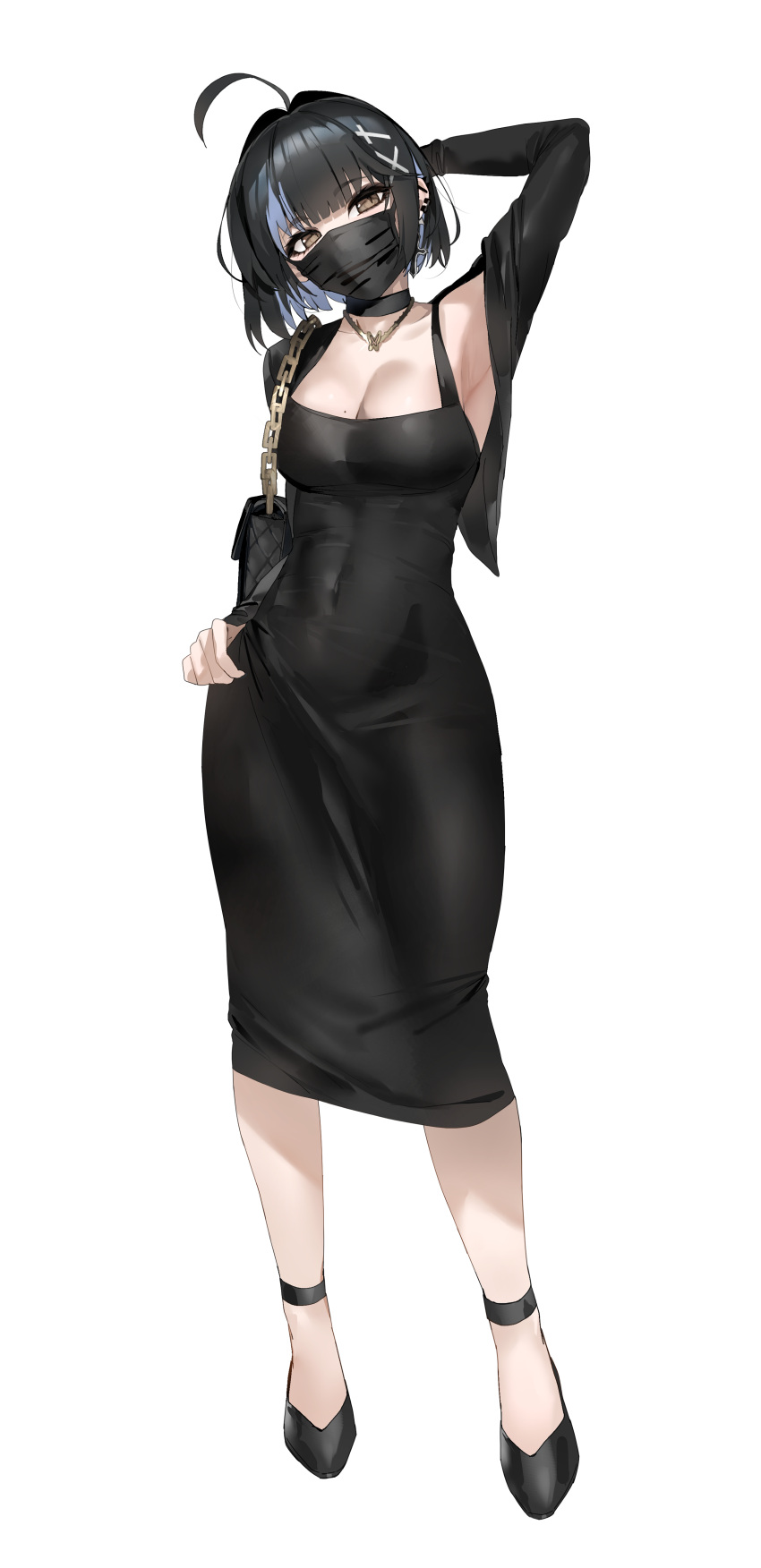 absurdres ahoge arm_behind_head armpits bad_id bad_pixiv_id black_bag black_dress black_footwear black_hair black_mask breasts brown_eyes cleavage covered_navel dongtan_dress dress earrings female full_body hair_ornament hand_on_own_hip highres irene_(kanniiepan) jewelry kanniiepan looking_at_viewer mask medium_breasts meme_attire mole mole_on_breast mouth_mask original shoes short_hair simple_background solo standing white_background x_hair_ornament