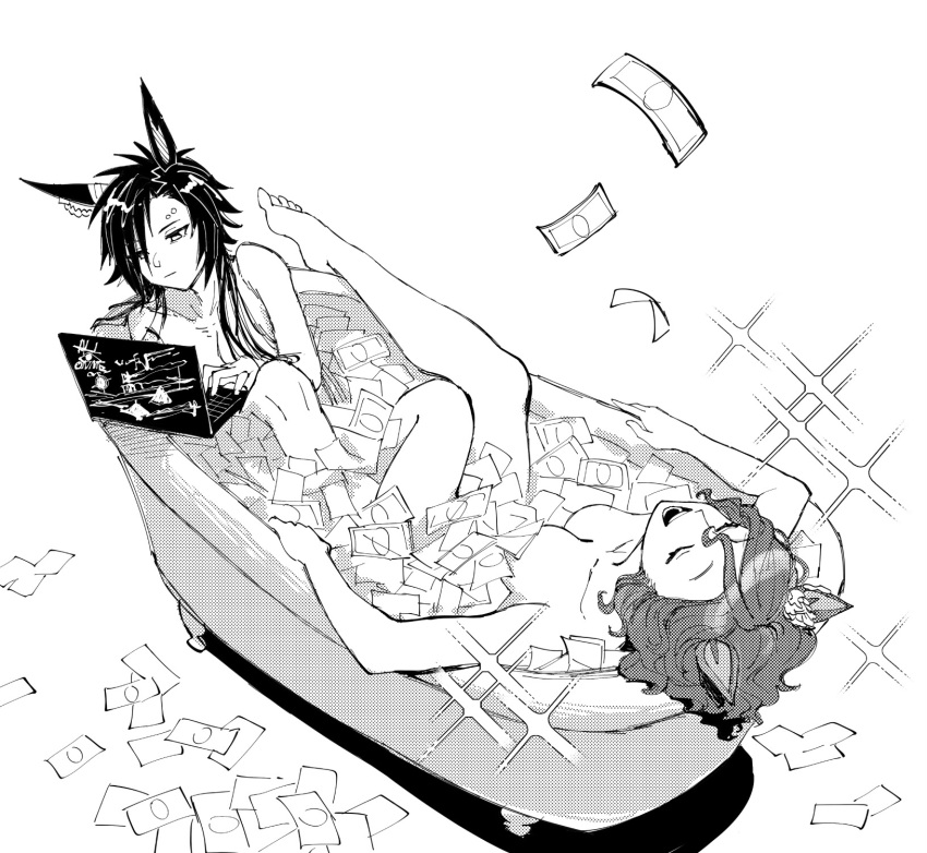 2girls air_shakur_(umamusume) animal_ears bad_id bad_twitter_id banknote barefoot bathing bathtub breasts cleavage closed_eyes closed_mouth commentary_request completely_nude computer expressionless eyebrow_piercing greyscale highres horse_ears horse_girl laptop long_hair money money_bath monochrome multiple_girls nayuta_ggg nude piercing same-sex_bathing shared_bathing short_hair sitting small_breasts smile sparkle tap_dance_city_(umamusume) toes umamusume