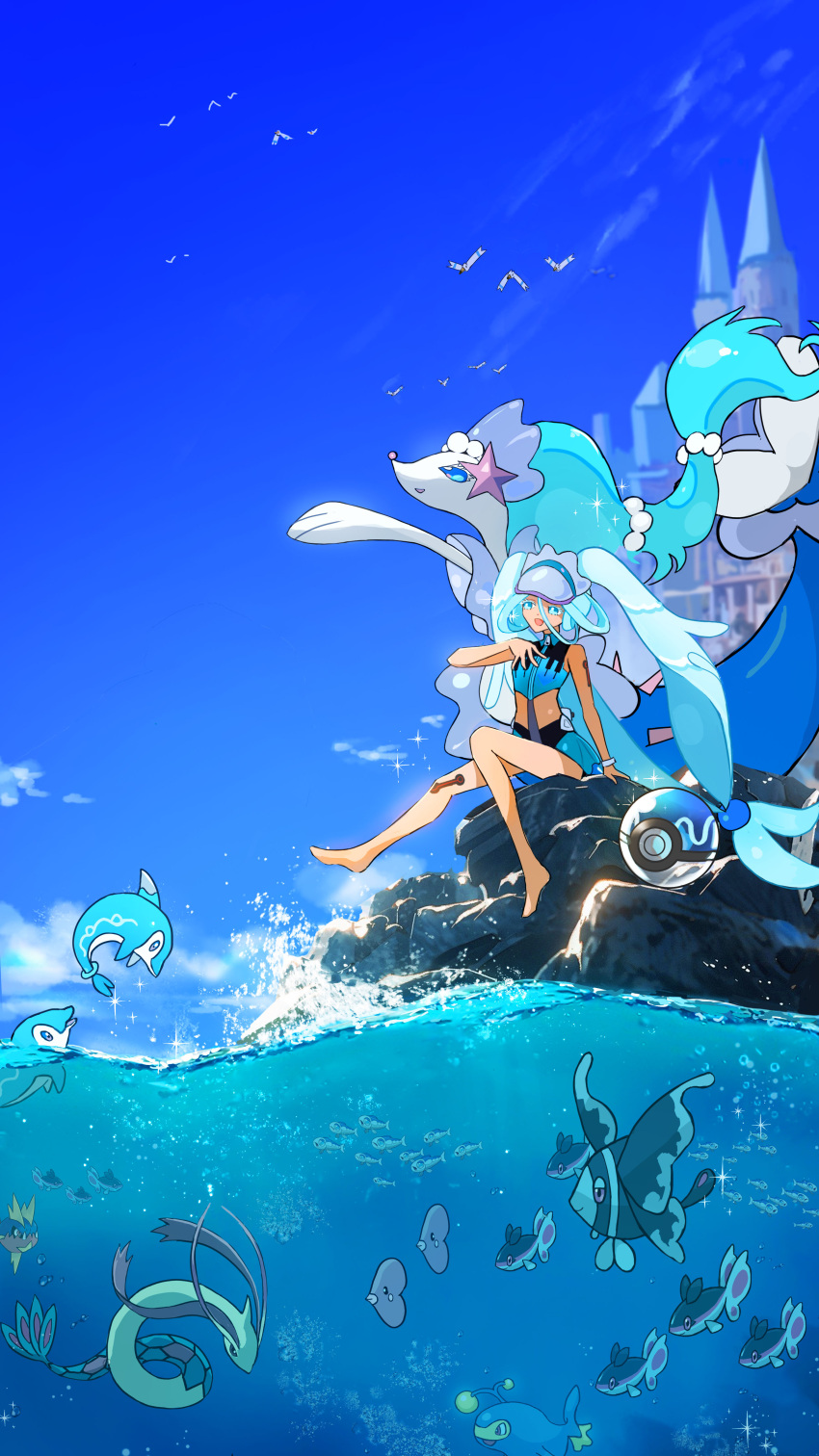 :d absurdres arm_support ball barefoot beachball blue_theme bracelet carvanha commentary day female finizen finneon green_hair grey_headwear hand_up hatsune_miku highres jewelry lanturn legs long_hair low-tied_long_hair lumineon luvdisc milotic mizuiro_abokado ocean open_mouth outdoors pokemon pokemon_(creature) primarina project_voltage sitting sky smile swimsuit twintails visor_cap vocaloid water_miku_(project_voltage) wingull