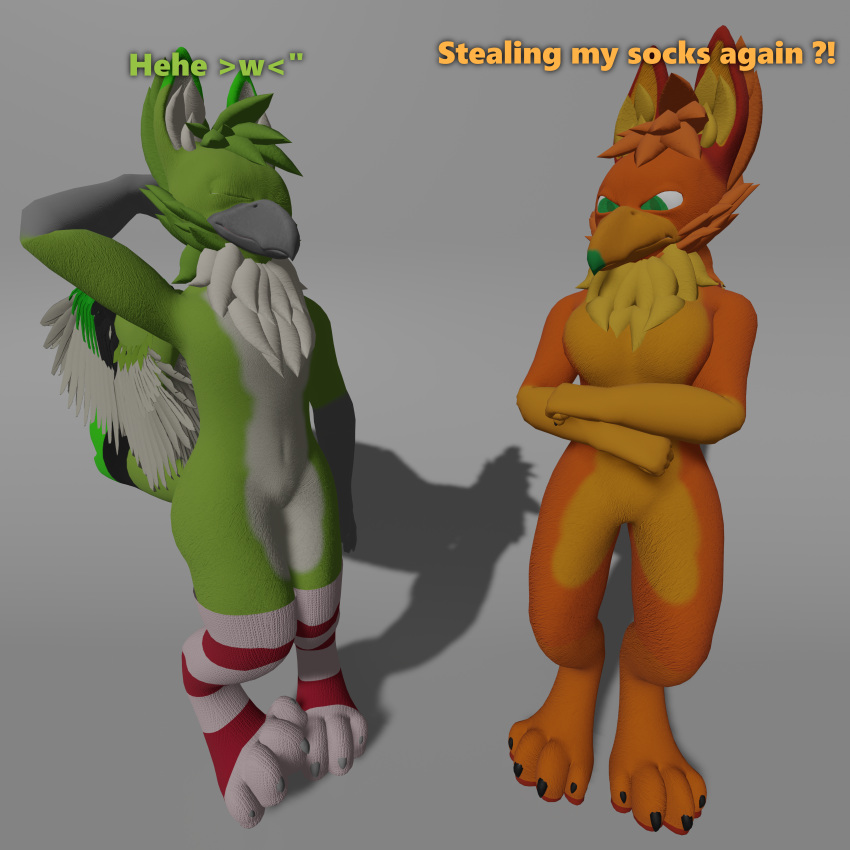 1:1 3d_(artwork) absurd_res amber_wing angry anthro avian beak caught claws clothing crossed_arms digital_media_(artwork) digitigrade drafy drafy_(artist) duo english_text female footwear fur green_body green_eyes green_fur gryphon hand_behind_head hi_res male male/female mythological_avian mythological_creature mythology neck_tuft orange_body orange_fur paws paws_in_socks socks speech_bubble text tuft wings