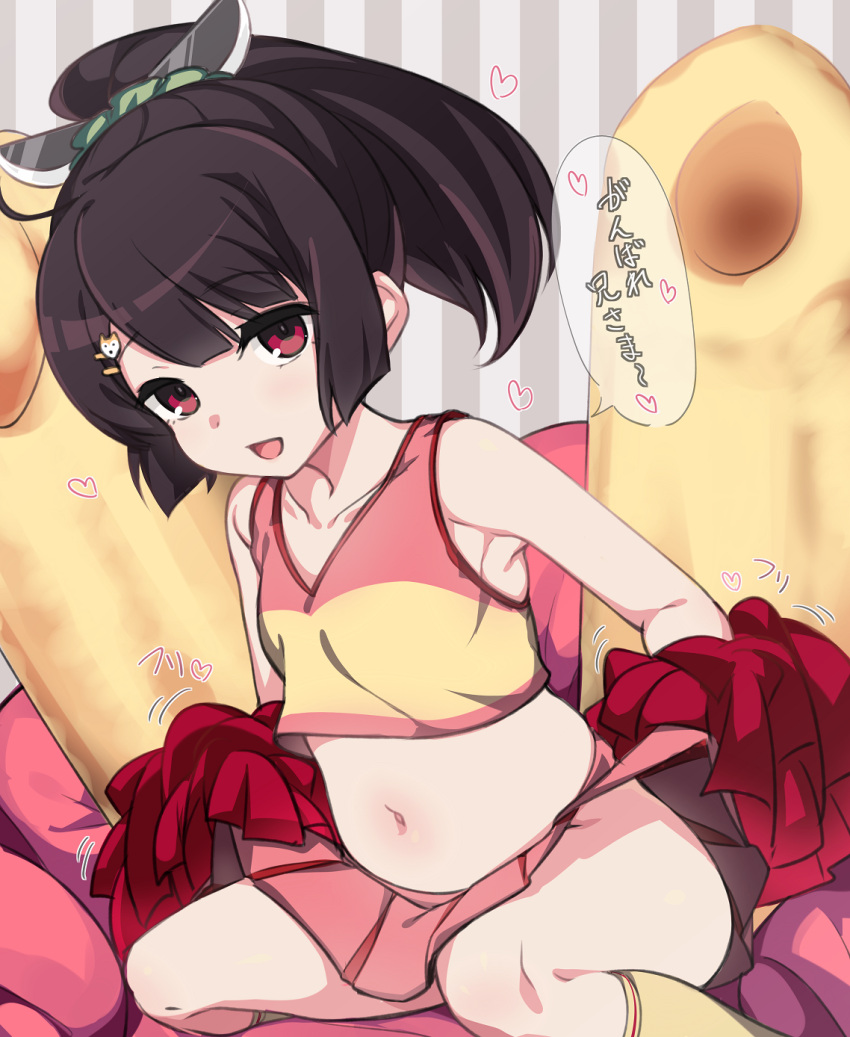 black_hair cheerleader commentary_request crop_top female flat_chest hair_ornament hairclip highres holding holding_pom_poms kiritanpo_(food) kuro_mushi looking_at_viewer medium_hair miniskirt navel no_panties open_mouth pom_pom_(cheerleading) ponytail red_eyes skirt smile socks solo thighs touhoku_kiritan voiceroid yellow_socks