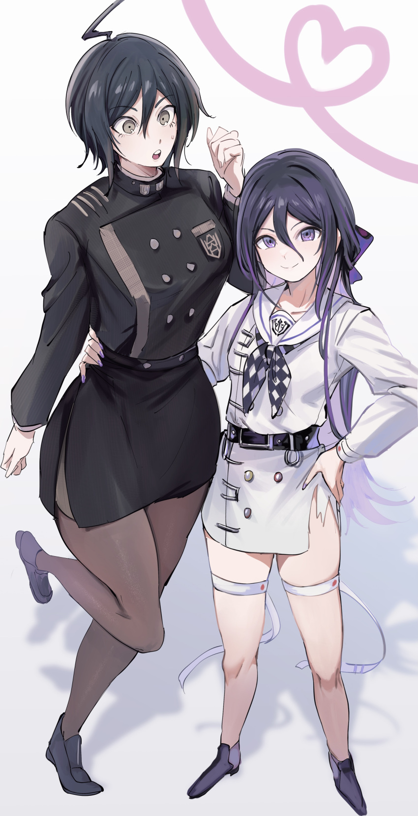 2girls :o absurdres ahoge belt black_belt black_hair black_jacket black_skirt blush bojue_(hakus_1128) bow breasts brown_eyes brown_pantyhose checkered_neckerchief danganronpa_(series) danganronpa_v3:_killing_harmony full_body genderswap_(mtf) grey_jacket hair_between_eyes hairbow hand_on_own_hip hand_up heart highres jacket large_breasts long_hair long_sleeves multicolored_hair multiple_girls neckerchief oma_kokichi pantyhose pink_hair purple_bow rule_63 saihara_shuichi sailor_collar short_hair skindentation skirt standing teeth torn_clothes torn_jacket two-tone_hair upper_teeth_only white_sailor_collar