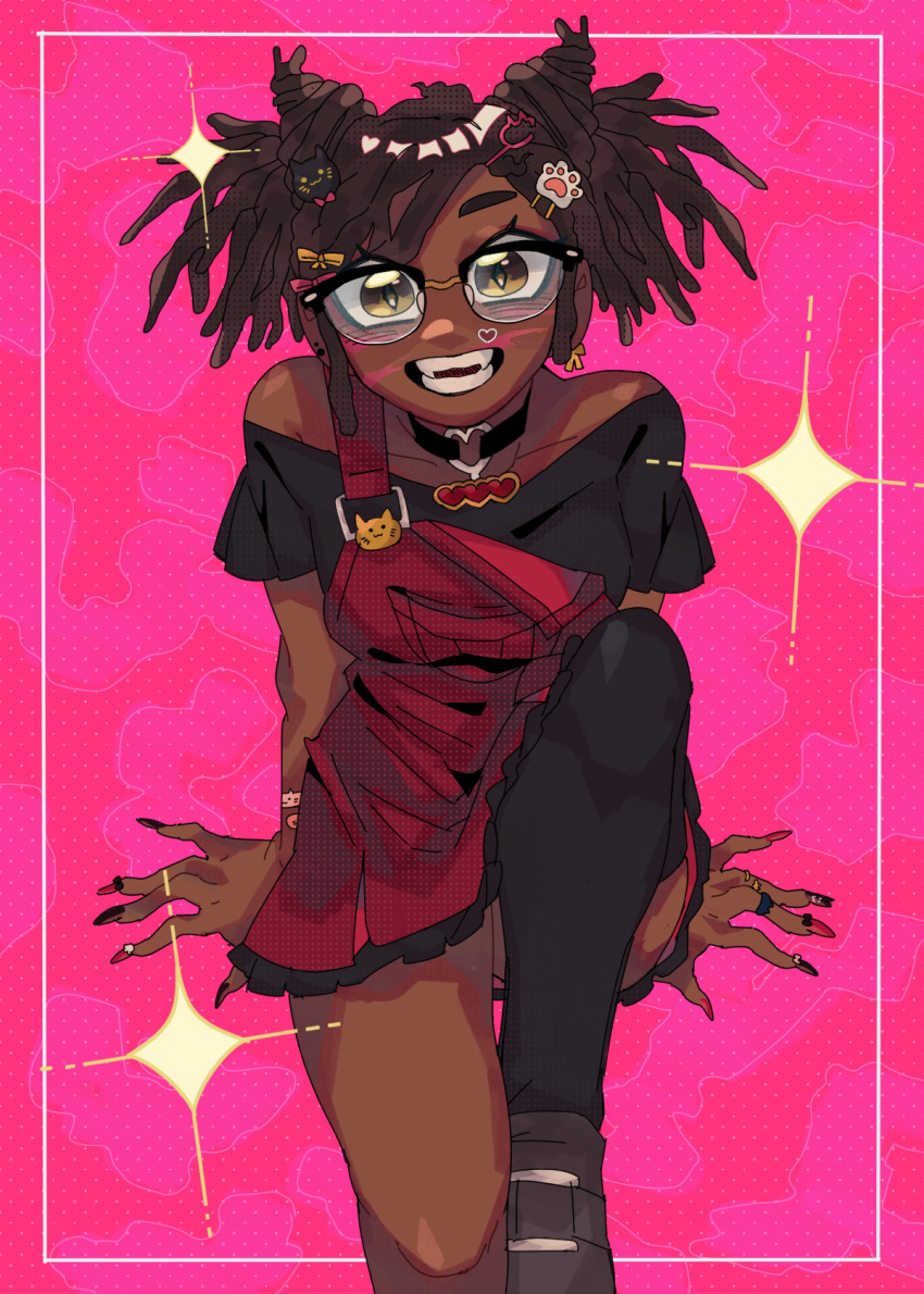 animal_(vocaloid) artist_self-insert brown_eyes brown_hair cat_hair_ornament choker commentary cone_hair_bun dark-skinned_female dark_skin double_bun dreadlocks dress earrings english_commentary female fingernails glasses hair_bun hair_ornament hairclip heart highres jewelry long_fingernails o-ring o-ring_choker original pcktknife red_dress ring short_dress single_thighhigh sitting smile solo sparkle thighhighs very_dark_skin