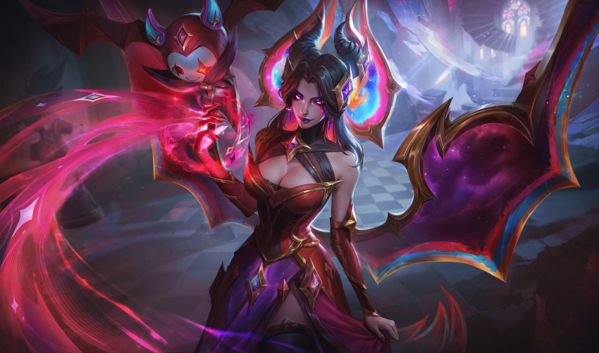 absurdres black_hair black_lips breasts checkered_floor chinese_commentary cleavage closed_mouth cowboy_shot dress eyeshadow female fingernails glowing glowing_eyes highres horns indoors large_breasts league_of_legends light light_particles lipstick looking_ahead looking_at_viewer magic makeup morgana_(league_of_legends) multiple_wings nail_polish official_alternate_costume official_alternate_hairstyle parted_bangs pillar qi_mang_(qimang) red_dress red_eyes red_nails shadow smile solo stairs star_guardian_(league_of_legends) star_guardian_pet star_nemesis_morgana statue window wings