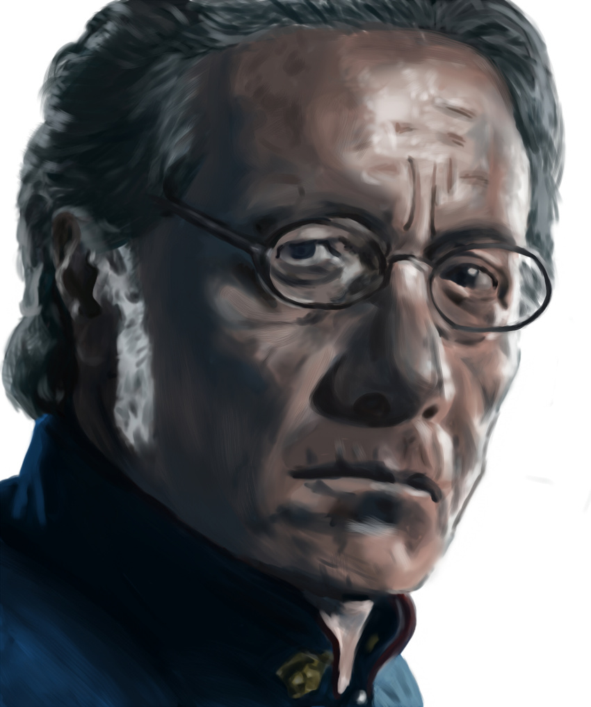 1boy bad_id bad_pixiv_id battlestar_galactica edward_james_olmos glasses highres kedama_(nexusnnn) looking_at_viewer male_focus manly military military_uniform portrait realistic serious solo uniform william_adama