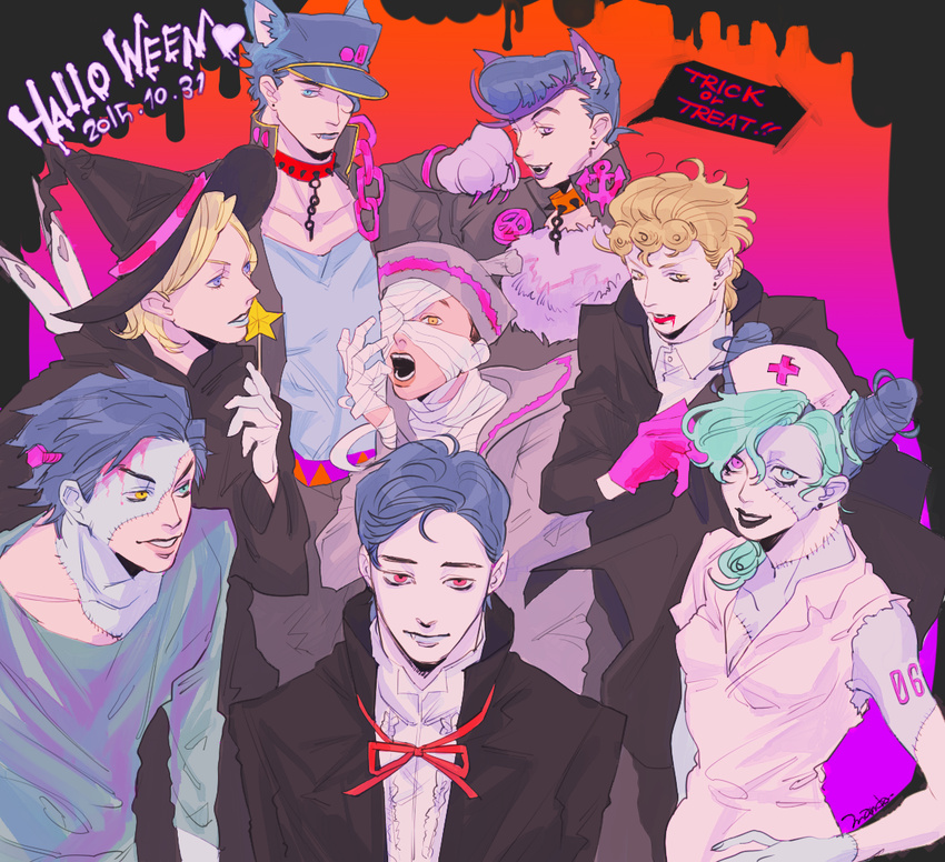 6+boys animal_ears aqua_eyes aqua_hair aqua_lips bandage_on_face bandage_over_one_eye bandaged_hand bandages battle_tendency black_lips blonde_hair blood blood_from_mouth blue_hair braid brown_hair chains claws collar commentary_request dated diamond_wa_kudakenai dixie_cup_hat double_bun earrings feathers female gakuran giorno_giovanna gloves hair_bun halloween hat heterochromia higashikata_josuke higashikata_josuke_(jojolion) jewelry johnny_joestar jojo_no_kimyou_na_bouken jojolion jonathan_joestar joseph_joestar joseph_joestar_(young) kujo_jolyne kujo_jotaro lipstick makeup mandaman military_hat multicolored_hair multiple_boys nurse nurse_cap oerba_yun_fang open_mouth orange_eyes phantom_blood pink_eyes pointy_ears pompadour purple_eyes purple_lips red_eyes school_uniform screw smile spiked_collar spikes stardust_crusaders steel_ball_run stitches stone_ocean tattoo trick_or_treat two-tone_hair vento_aureo wand white_gloves wizard wizard_hat wolf_ears wolf_paws yellow_eyes