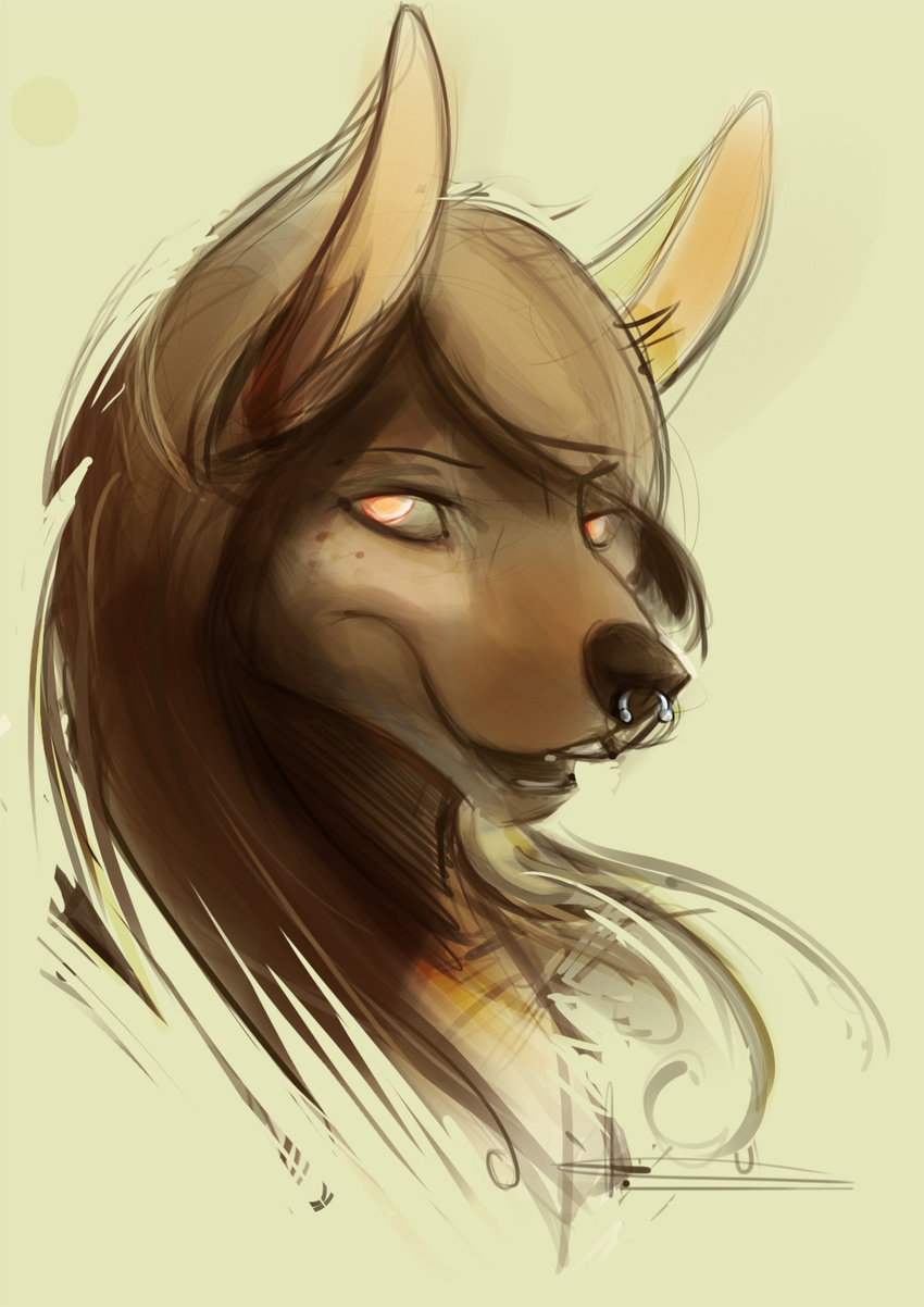 2015 anthro canid canine canis deity demon facial_piercing female hi_res mammal nose_piercing piercing red_eyes saiya_darkfire septum_piercing solo unknown_artist wolf