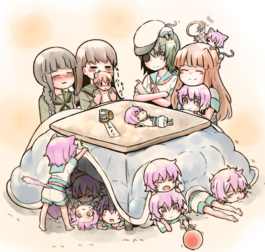 6+girls ahoge animal_ears black_hair blush brown_hair cat_ears cat_tail closed_eyes commentary_request eyepatch green_hair kantai_collection kemonomimi_mode kiso_(kancolle) kitakami_(kancolle) kotatsu kuma_(kancolle) long_hair lying_on_person mini_person minigirl mochisaka_mitsuki multiple_girls ooi_(kancolle) pink_hair school_uniform serafuku short_hair sitting sitting_on_lap sitting_on_person table tail tama_(kancolle) translation_request under_kotatsu under_the_table