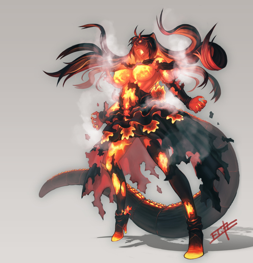 breasts burning burning_godzilla claws commentary_request dissolving_clothes dragon_girl female gamerag genderswap_(mtf) godzilla godzilla_(series) highres large_breasts long_hair monster_girl personification photoshop_(medium) rule_63 shouting solo tail very_long_hair