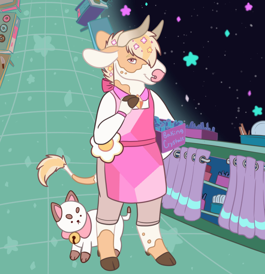 2018 anthony_(goldiescales) anthro apron bee_and_puppycat bell biped bovid bovine brown_hooves cartoon_hangover cattle clothing dessert domestic_cat doughnut duo felid feline felis feral food goldiescales hooves horn mammal pastry pink_apron pink_clothing pink_nose puppycat star trans_(lore) trans_man_(lore)