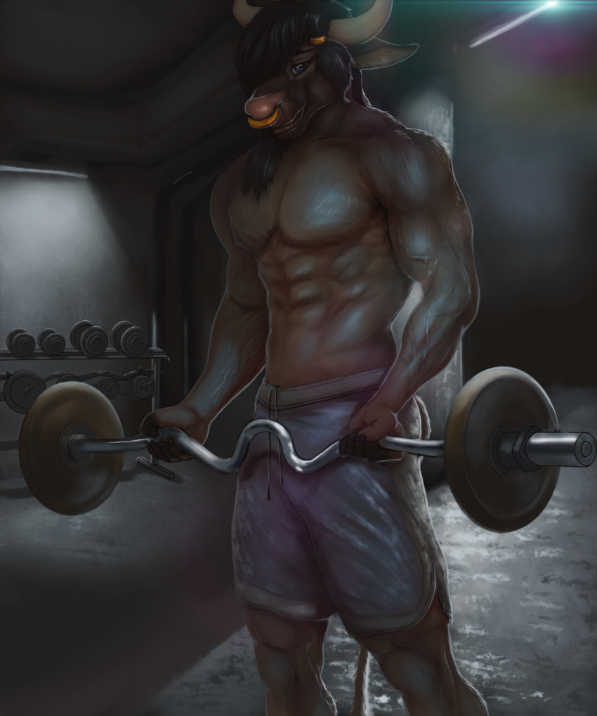 abs absurd_res anthro barbell black_hair blue_eyes bottomwear bovid bovine cattle clothing ghost738589 hair hall hi_res long_hair male mammal muscular muscular_anthro muscular_male shorts solo