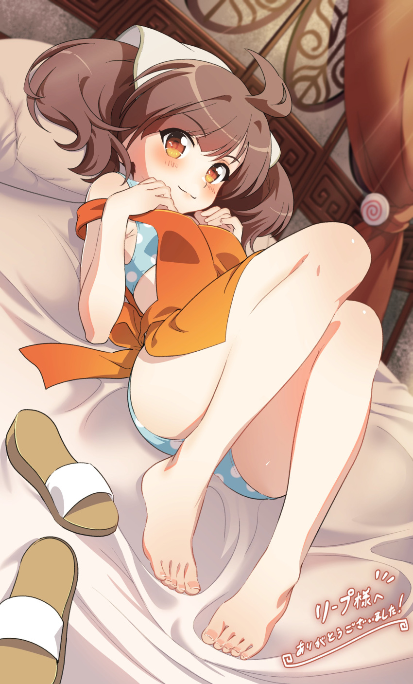 absurdres apron armpit_crease barefoot bed bikini bikini_under_clothes blue_bikini blurry blurry_background blush breasts brown_eyes brown_hair closed_mouth commission convenient_leg depth_of_field dutch_angle feet female full_body hands_up highres ichimi_renge indoors knees_up legs long_hair looking_at_viewer lying nail_polish on_back orange_apron pink_nails sandals second-party_source skeb_commission small_breasts solo sound_voltex swimsuit toenail_polish toenails toes twintails unworn_sandals yamashina_kanade