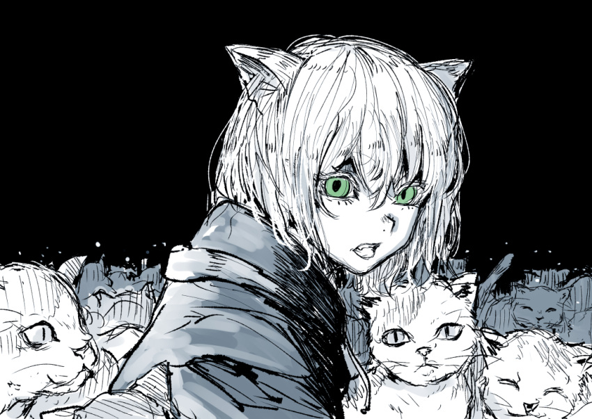 animal_ears black_background cat_ears commentary_request feline female green_eyes looking_at_viewer monochrome neko_zukin open_mouth original short_hair solo spot_color upper_body