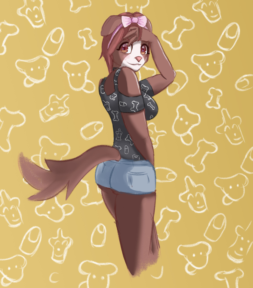 absurd_res alexandliberty anthro ass black_clothing black_shirt black_topwear bottomwear bow_tie brown_body brown_eyes brown_fur butt_pose canid canine canis clothing digital_media_(artwork) domestic_dog female fur hair hi_res hololive hotpants inugami_korone looking_at_viewer mammal multicolored_body multicolored_fur pink_bow_tie pose red_hair shirt shorts smile solo topwear vtuber white_body white_fur