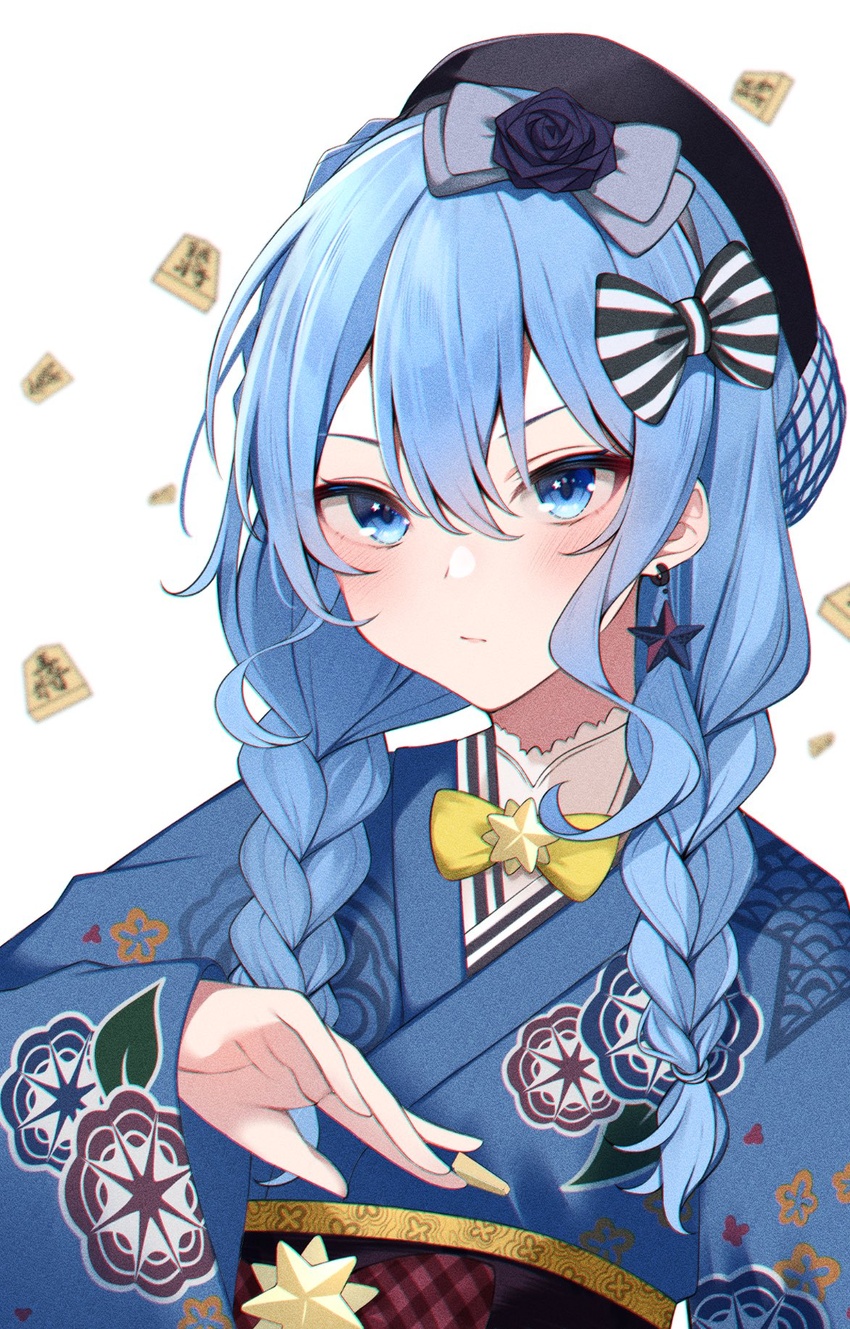 alternate_costume bad_id bad_twitter_id beret black_footwear blue_eyes blue_hair blue_kimono bow braid commentary female grey_bow hairbow hat highres hololive hoshimachi_suisei hoshimachi_suisei_(new_year) japanese_clothes kimono long_hair looking_at_viewer obi official_alternate_costume official_alternate_hair_length official_alternate_hairstyle open_hand rei_(rei_9146) sash shogi_piece solo star_(symbol) star_in_eye striped_bow symbol_in_eye twin_braids upper_body v-shaped_eyebrows virtual_youtuber white_background yellow_bow