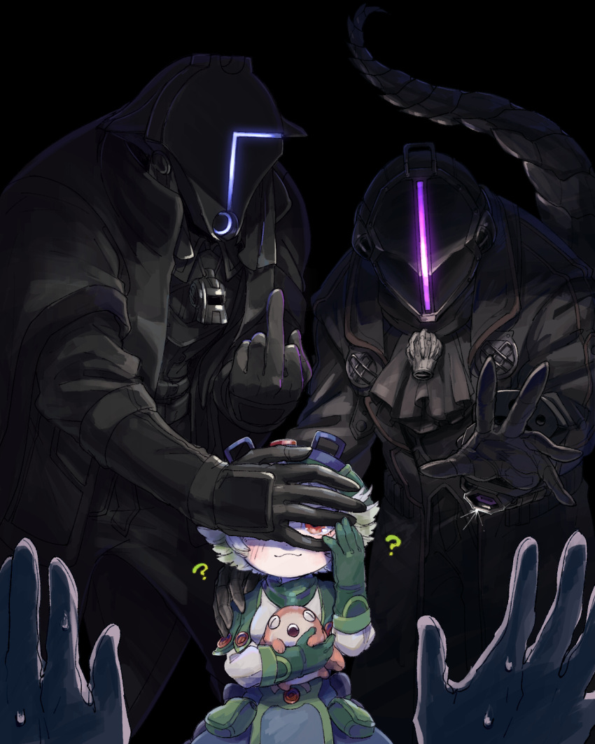 1other 2boys :3 ? akamtvahosi ascot black_ascot black_coat black_gloves blush bondrewd breasts closed_mouth coat commentary_request covered_face covering_another's_eyes creature dark facing_viewer female glint gloves green_gloves green_hair green_headwear gueira_(made_in_abyss) hat helm helmet highres holding holding_creature lolicon long_sleeves made_in_abyss meinya_(made_in_abyss) middle_finger multicolored_hair multiple_boys open_clothes open_coat orange_eyes outstretched_hand overcoat pov pov_hands prushka small_breasts smile streaked_hair sweat tail whistle whistle_around_neck white_hair