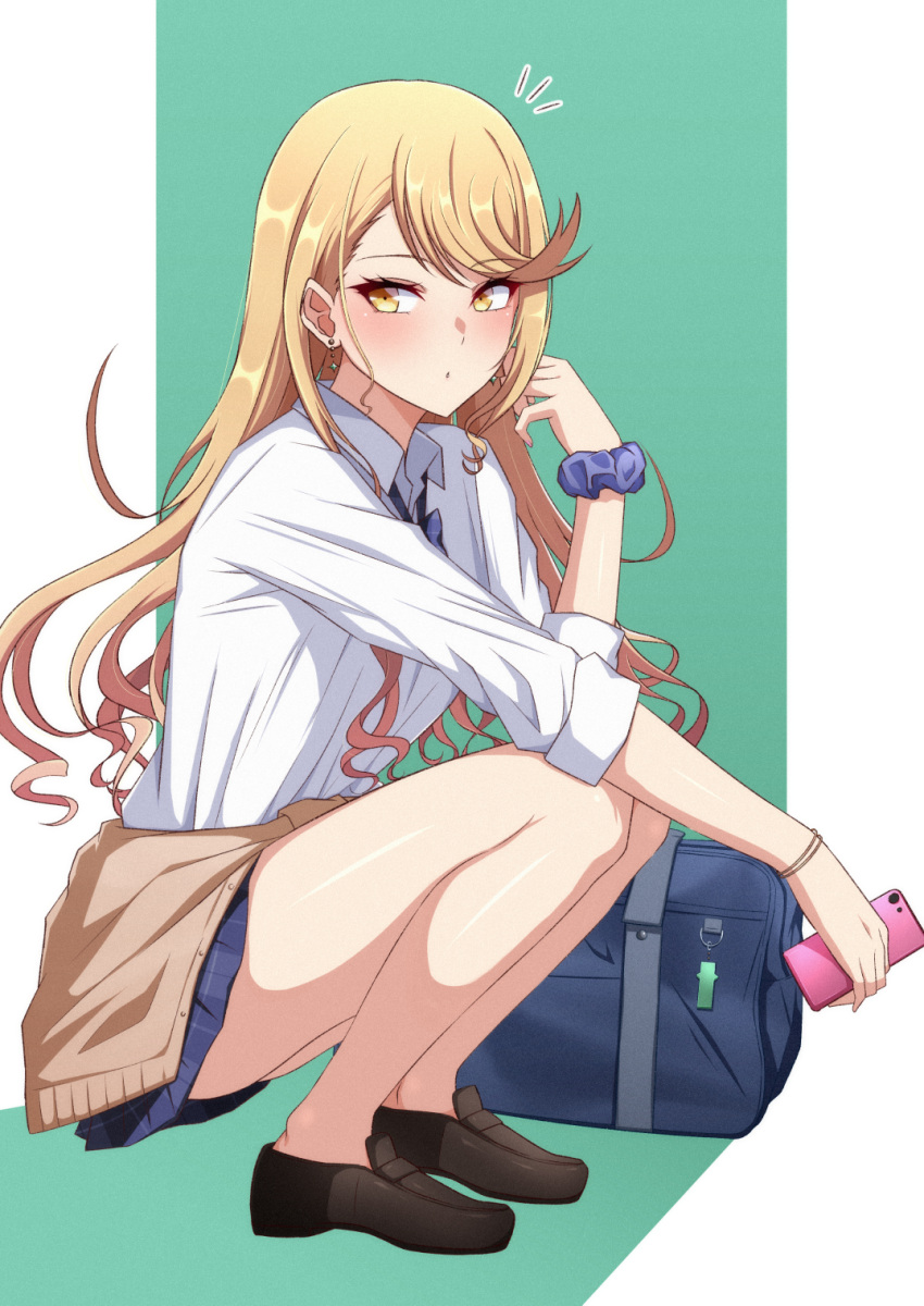 blonde_hair cellphone clothes_around_waist female gyaru highres long_hair mebi_il mythra_(xenoblade) phone scrunchie smartphone solo squatting sweater sweater_around_waist thighs uniform xenoblade_chronicles_(series) xenoblade_chronicles_2