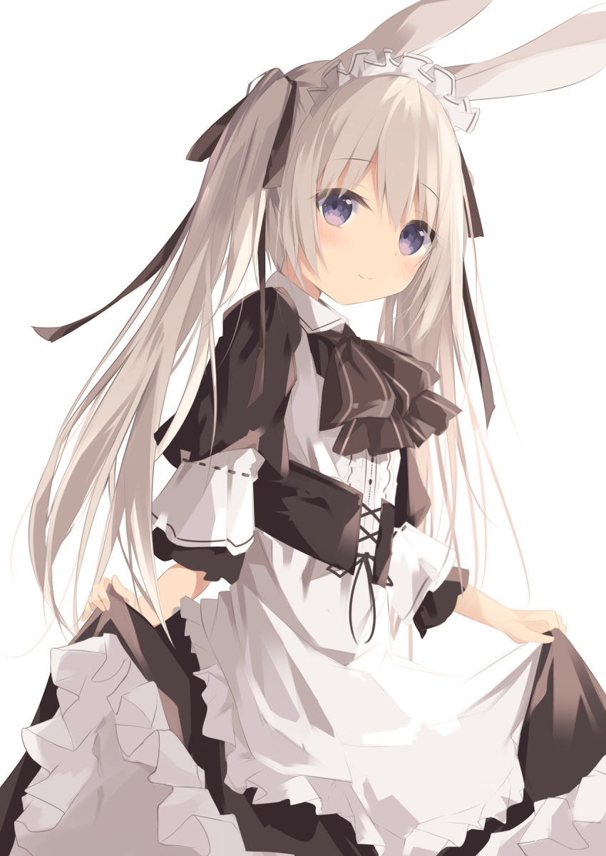 animal_ears apron black_bow black_dress blush bow closed_mouth commentary_request dress female frilled_apron frilled_dress frills hair_between_eyes highres kushida_you long_hair maid maid_headdress original puffy_short_sleeves puffy_sleeves purple_eyes rabbit_ears short_sleeves simple_background smile solo twintails very_long_hair waist_apron white_apron white_background