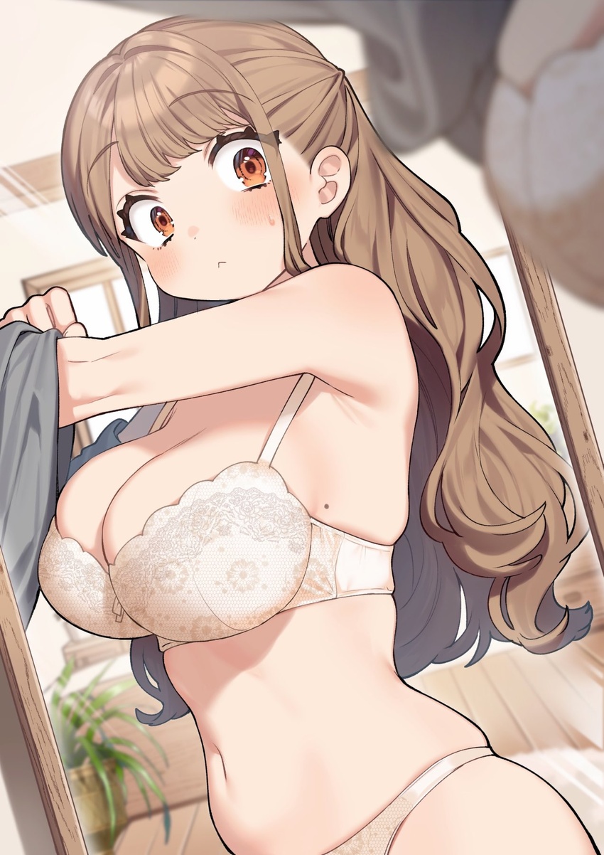 :< armpits belly blurry blurry_foreground blush bra breasts brown_hair cleavage closed_mouth female highres indoors kodama's_elder_sister_(sakura_yuki) large_breasts long_hair mirror mole mole_on_breast navel orange_eyes original panties plant plump potted_plant reflection sakura_yuki_(clochette) solo stomach sweat underwear undressing white_bra white_panties window