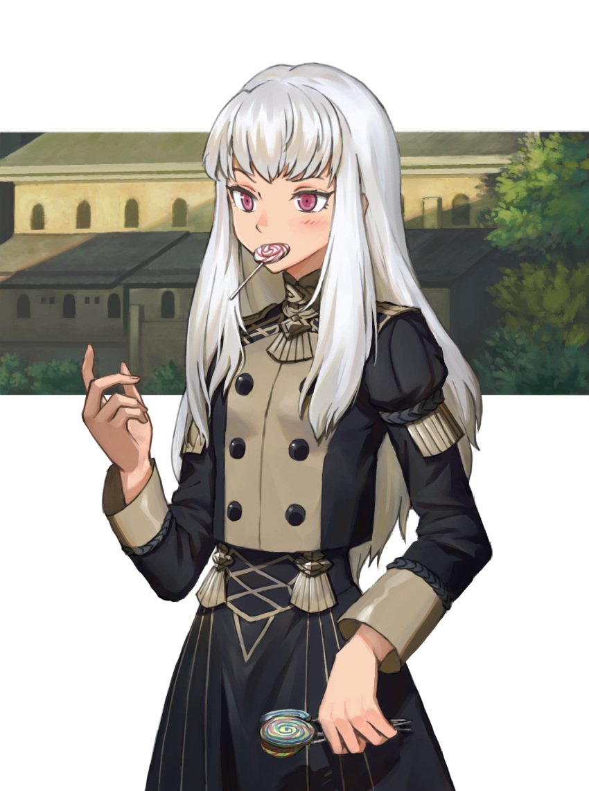 candy commentary_request female fire_emblem fire_emblem:_three_houses food food_in_mouth garreg_mach_monastery_uniform highres holding holding_candy holding_food holding_lollipop imageprogram_(kent) lollipop long_hair long_sleeves lysithea_von_ordelia pink_eyes solo tree uniform white_hair