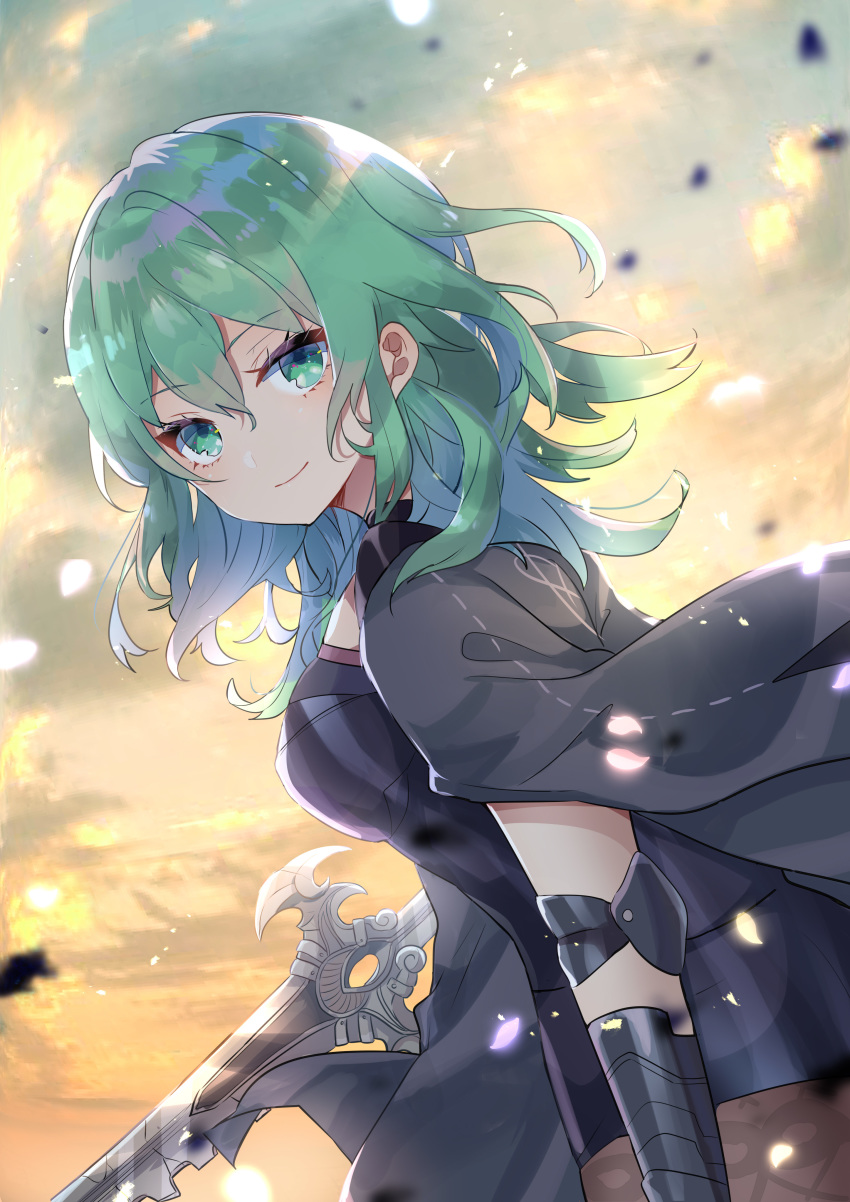 absurdres alternate_hair_color byleth_(female)_(fire_emblem) byleth_(fire_emblem) closed_mouth enlightened_byleth_(female) female fire_emblem fire_emblem:_three_houses from_side green_eyes green_hair highres holding holding_sword holding_weapon looking_to_the_side outdoors pantyhose petals smile solo sword sword_of_the_creator upper_body weapon yutsuchi