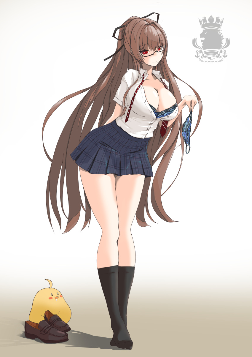 absurdres azur_lane black-framed_eyewear black_ribbon black_socks blue_bra blue_panties bra braid breasts brown_footwear brown_hair cleavage commentary crown_braid female full_body gradient_background hair_ribbon highres holding holding_clothes holding_panties holding_underwear lace-trimmed_bra lace-trimmed_panties lace_trim large_breasts leaning_forward long_hair looking_at_viewer loose_necktie manjuu_(azur_lane) miniskirt mole mole_under_mouth necktie official_alternate_costume p.i.t.d panties partially_unbuttoned plaid plaid_skirt pleated_skirt red_eyes red_necktie ribbon royal_navy_emblem_(azur_lane) semi-rimless_eyewear shadow shirt shoes short_sleeves simple_background skirt smile socks solo swiftsure_(azur_lane) swiftsure_(study_hall_cyclamen)_(azur_lane) under-rim_eyewear underwear unworn_panties unworn_shoes very_long_hair white_background white_shirt