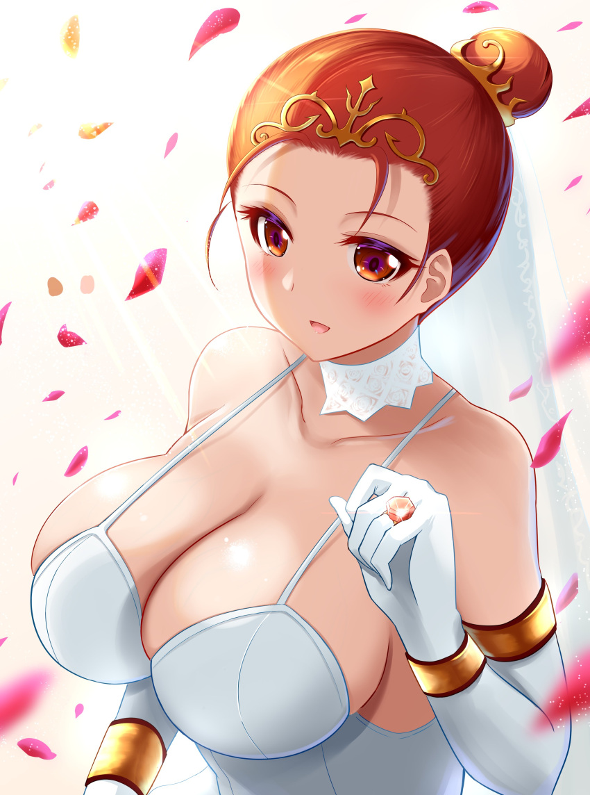 absurdres blush breasts cleavage dragon_quest dragon_quest_viii dress female highres jessica_albert jewelry large_breasts orange_eyes orange_hair ornate_ring ring shiny_skin simple_background solo wedding_dress wedding_ring yuki_mizore