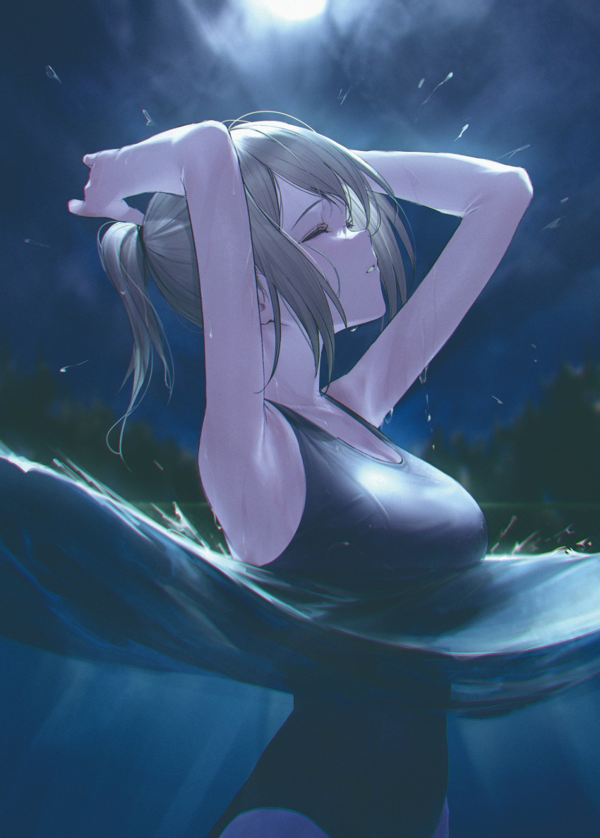 absurdres armpits arms_up blurry blurry_background breasts closed_eyes female from_side highres houkago_no_seijo-san_ga_toutoi_dake_ja_nai_koto_wo_ore_wa_shitteiru medium_breasts medium_hair moonlight night night_sky novel_illustration official_art one-piece_swimsuit outdoors parted_lips partially_submerged partially_underwater_shot school_swimsuit shiny_clothes shirase_seira short_ponytail sidelocks sky solo swimsuit takubon tree upper_body water