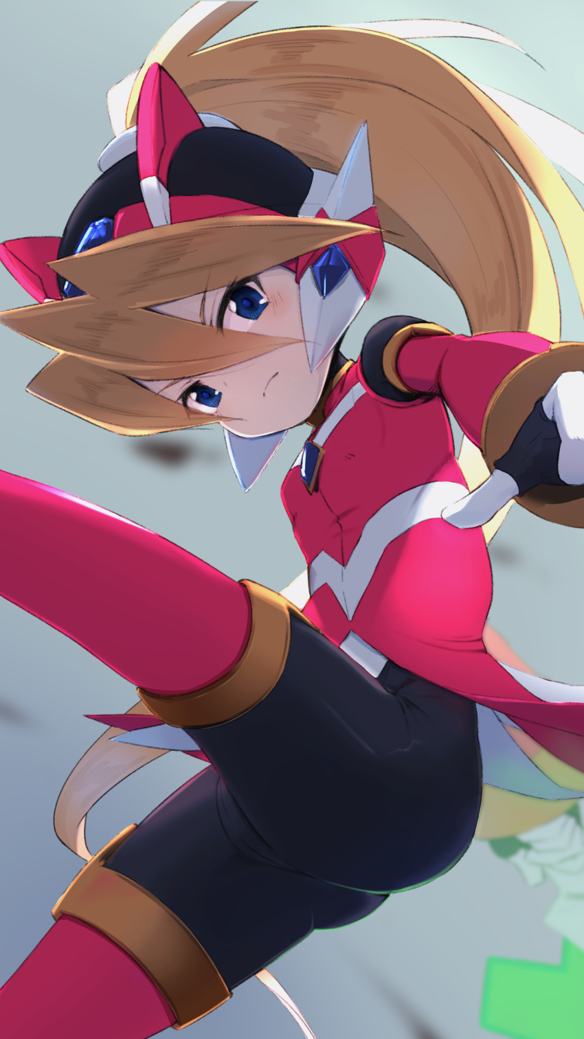 absurdres ass bike_shorts blonde_hair blue_eyes blurry blurry_background ciel_(mega_man) closed_mouth commentary cosplay energy_sword female gloves grey_background helmet highres holding holding_sword holding_weapon long_hair long_sleeves mega_man_(series) mega_man_zero_(series) momo_(higanbana_and_girl) ponytail red_shirt shirt simple_background solo sword very_long_hair weapon white_gloves zero(z)_(mega_man) zero(z)_(mega_man)_(cosplay) zero_(mega_man)