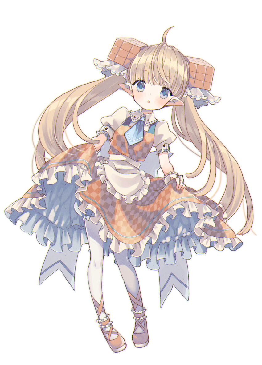 :o ahoge apron blue_eyes blue_neckwear blush brown_dress brown_footwear checkered checkered_dress collared_shirt dress female frilled_apron frilled_dress frills full_body hair_cubes hair_ornament highres kikka_(kicca_choco) light_brown_hair long_hair original pantyhose parted_lips pointy_ears puffy_short_sleeves puffy_sleeves shirt shoes short_sleeves simple_background skirt_hold solo standing twintails very_long_hair waist_apron white_apron white_background white_legwear white_shirt wrist_cuffs