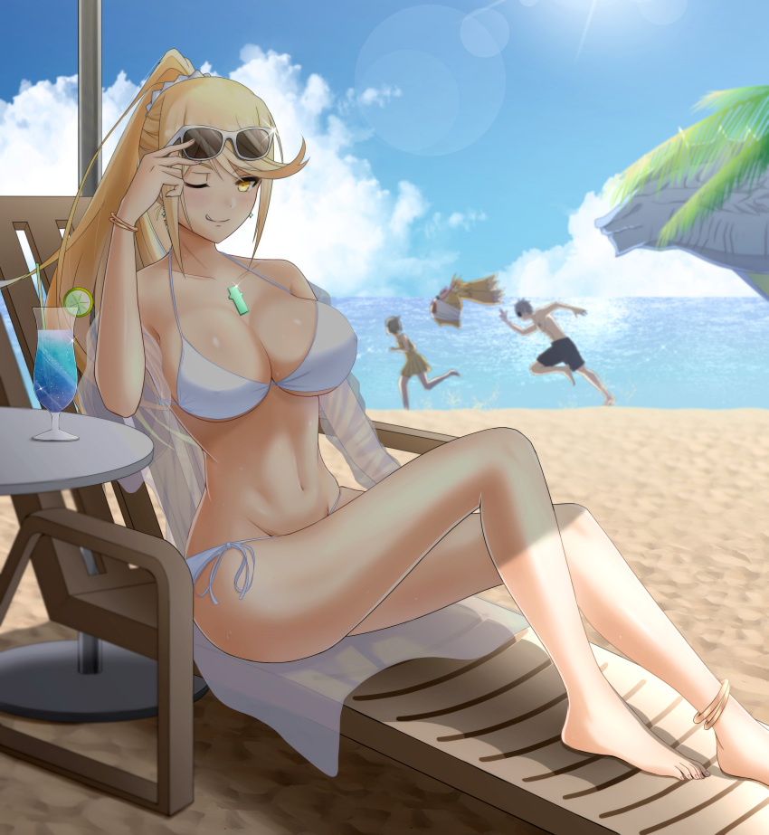 absurdres adjusting_eyewear alternate_costume arm_up barefoot beach bikini blonde_hair blush breasts chair cleavage cloud commentary_request covered_nipples cup earrings female food fruit glowing highres jewelry juice large_breasts lemon long_hair looking_at_viewer mebi_il mythra_(xenoblade) navel nia_(xenoblade) ocean one_eye_closed ponytail pose rex_(xenoblade) sand shadow shiny_skin sitting sky sunglasses swept_bangs swimsuit table tongue tongue_out tora_(xenoblade_2) umbrella water wet white_bikini xenoblade_chronicles_(series) xenoblade_chronicles_1 xenoblade_chronicles_2 yellow_eyes