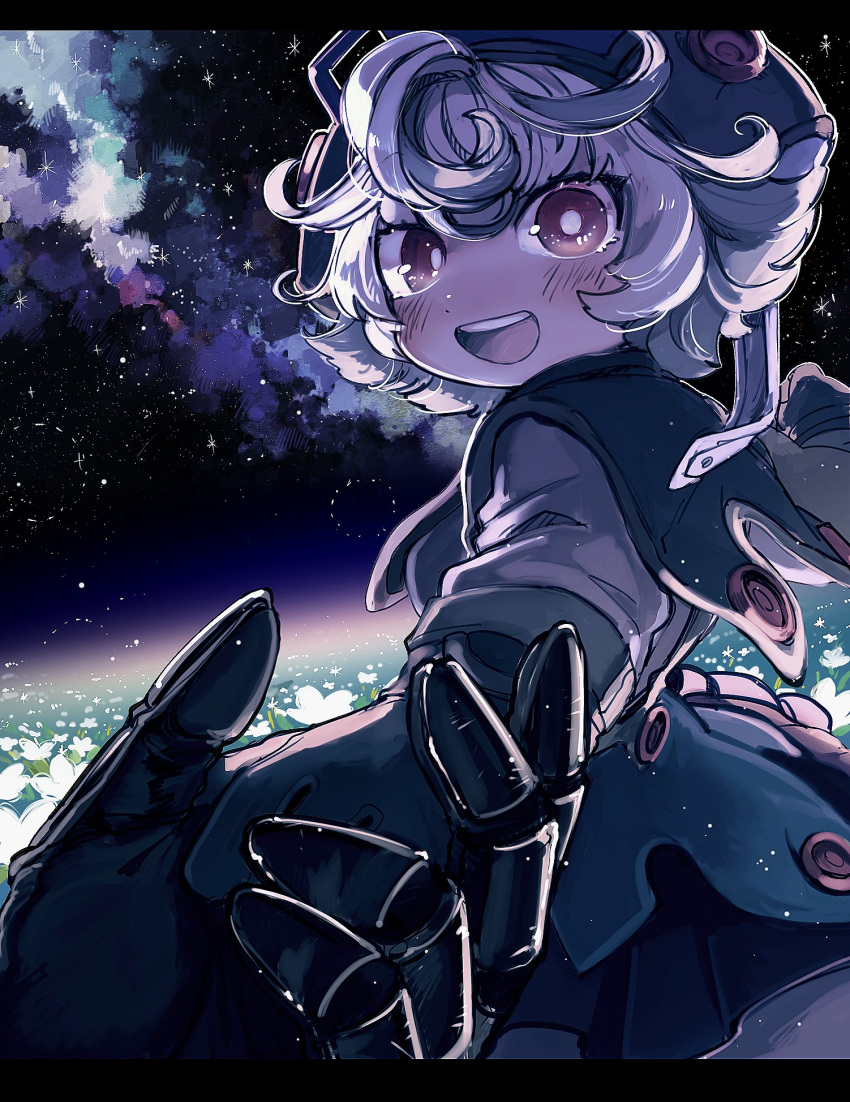 :d akamtvahosi bright_pupils brown_eyes female field flower flower_field gloves green_gloves green_headwear hat highres letterboxed lolicon long_sleeves looking_at_viewer made_in_abyss night night_sky open_mouth outdoors pov pov_hands prushka short_hair sky smile solo_focus star_(sky) starry_sky teeth upper_teeth_only white_flower white_pupils