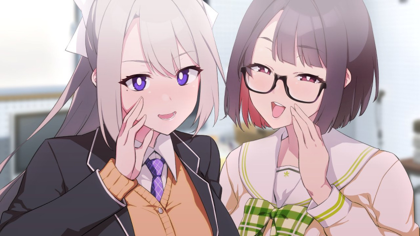 2girls bad_id bad_twitter_id bob_cut bow bowtie brown_hair glasses grey_hair hairbow higuchi_kaede higuchi_kaede_(1st_costume) kanzume long_hair long_sleeves looking_at_viewer mole mole_under_eye multiple_girls necktie nijisanji open_mouth ponytail purple_eyes school_uniform semi-rimless_eyewear seto_miyako seto_miyako_(1st_costume) short_hair virtual_youtuber whispering