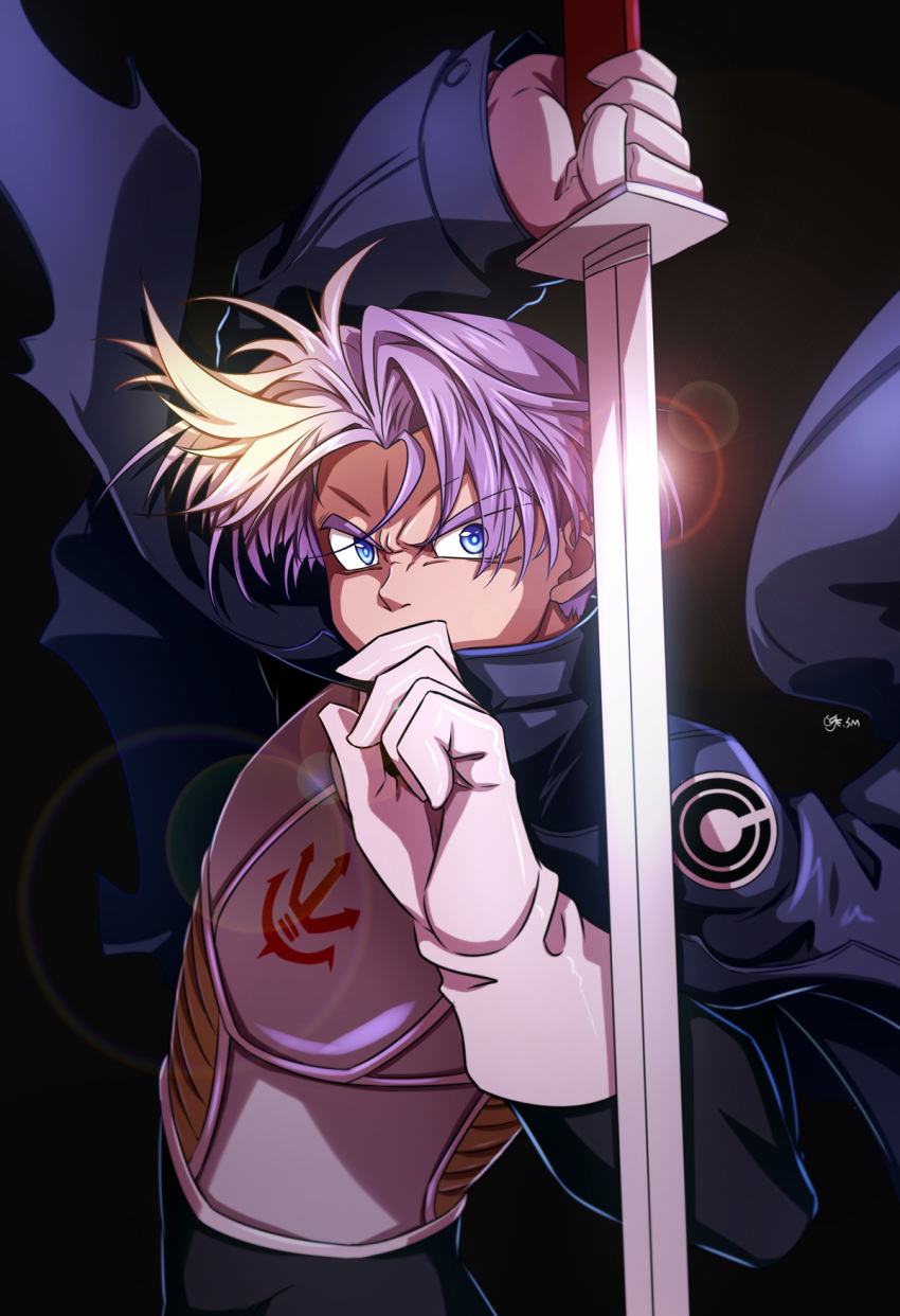 1boy alternate_universe blue_eyes capsule_corp dragon_ball gloves highres holding holding_sword holding_weapon jacket looking_at_viewer male_focus purple_hair saiyan_armor shumai_(sm318) solo sword trunks_(dragon_ball) weapon white_gloves