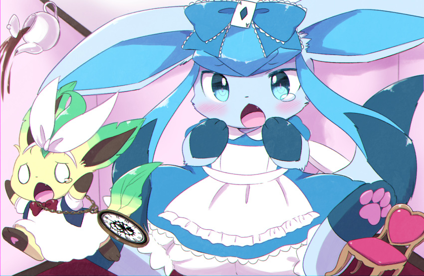 ace_(playing_card) alice_(alice_in_wonderland) alice_(alice_in_wonderland)_(cosplay) alice_in_wonderland apron arms_up bloomers blue_bow blue_dress blue_vest blush bow bowtie card chair chromatic_aberration clothed_pokemon commentary_request cosplay dress frilled_dress frills giant glaceon hairband hairbow hands_up heart indoors kemoribon leafeon no_humans o_o oerba_yun_fang open_mouth pawpads playing_card pokemon pokemon_(creature) red_bow red_bowtie ribbon running scared short_sleeves sitting surprised tea teapot tears underwear vest watch white_dress white_hairband white_rabbit_(alice_in_wonderland) white_rabbit_(alice_in_wonderland)_(cosplay) white_ribbon