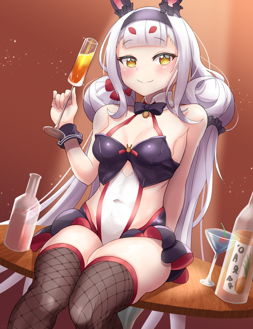 absurdres animal_ears arm_behind_back azur_lane black_skirt black_thighhighs blunt_bangs blush bottle bouhuuu bow bowtie breasts brown_eyes cleavage covered_navel cup detached_collar double_bun drinking_glass female fishnet_thighhighs fishnets hair_bun hairband highleg highleg_leotard highres leotard long_hair low_twintails microskirt official_alternate_costume playboy_bunny rabbit_ears shimakaze_(azur_lane) shimakaze_(world's_speediest_bunny_waitress)_(azur_lane) sitting skirt smile solo table thighhighs thighs twintails very_long_hair white_hair white_leotard wine_glass wrist_cuffs