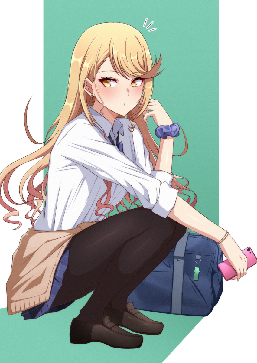 black_pantyhose blonde_hair cellphone clothes_around_waist female gyaru highres long_hair mebi_il mythra_(xenoblade) pantyhose phone scrunchie smartphone solo squatting sweater sweater_around_waist uniform xenoblade_chronicles_(series) xenoblade_chronicles_2